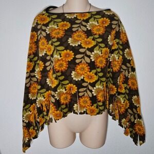 Floral Print Fleece Poncho Fringe Hem‎ Boho Hippie